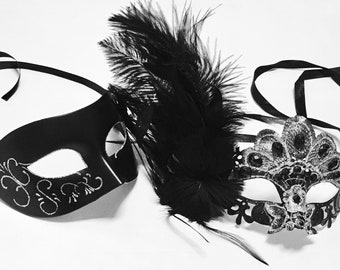 Black Feather Masquerade Mask: Silver Glitter Venetian Ball Mask