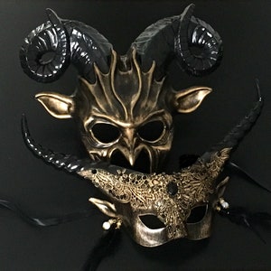 Black Gold Masquerade Mask, Halloween Mask, Devil Mask, Animal Mask, Horn Mask, Mask for Men, Party Mask, Halloween Mask, Horror Masks