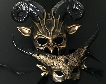 Black & Gold Horned Masquerade Mask: Devil Halloween Party Mask