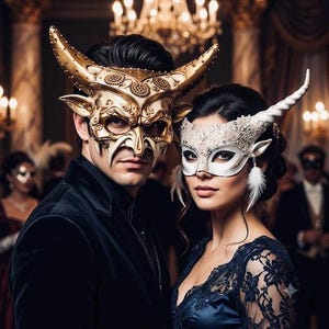 Ivory & Gold Horned Masquerade Mask: Women's Party Costume