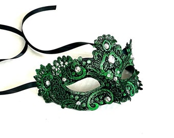 Green Lace Masquerade Mask: Brocade Party Mask