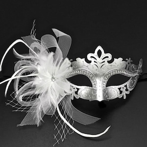 Silver Venetian Masquerade Mask: White Feathers, Veil, Floral