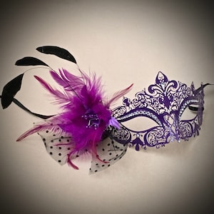 Purple Masquerade Mask, Purple Metal Mask with Feather Veil, Mask for Women, Clear Rhinestones Mask, Wedding Mask, Party Event Ball Mask