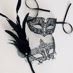 Black Masquerade Mask, Black Couple Mask, Black Metal Mask, Women Feather Mask, Handheld Mask, Women Stick Mask, Halloween Couple Masks