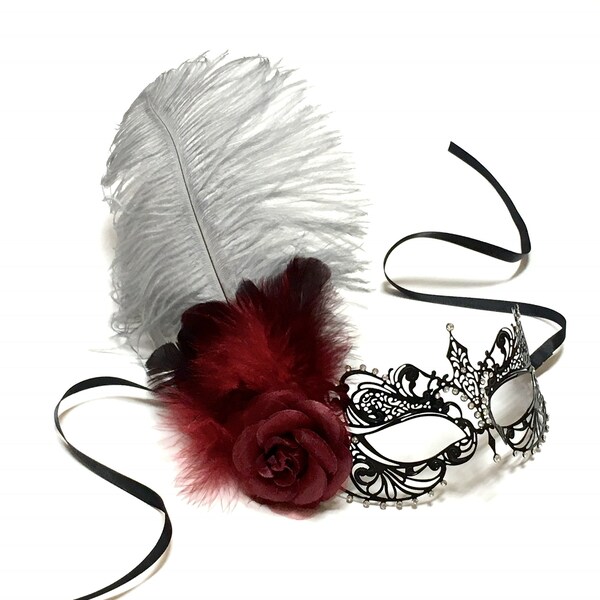 Black Masquerade Mask, Gray Feather Mask, Women Feather Mask, Halloween Mask, Ball Mask, Black Metal Mask, Wedding Mask, Anniversary Mask