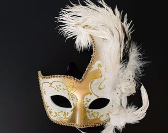 White & Gold Feather Masquerade Mask: Venetian Ball Mask