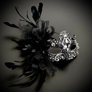 Black Silver Masquerade Mask: Floral Rhinestone Party Mask