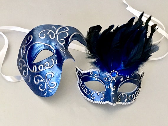 Blue gold Couple Musical Phantom Masquerade With Feather Engagement Wedding Mask