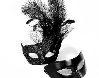 Black Masquerade Mask Set: Feathered Veil, Ball Party Masks