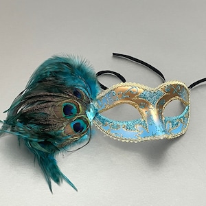 Turquoise Masquerade Mask: Women's Venetian Mask with Peacock Feathers