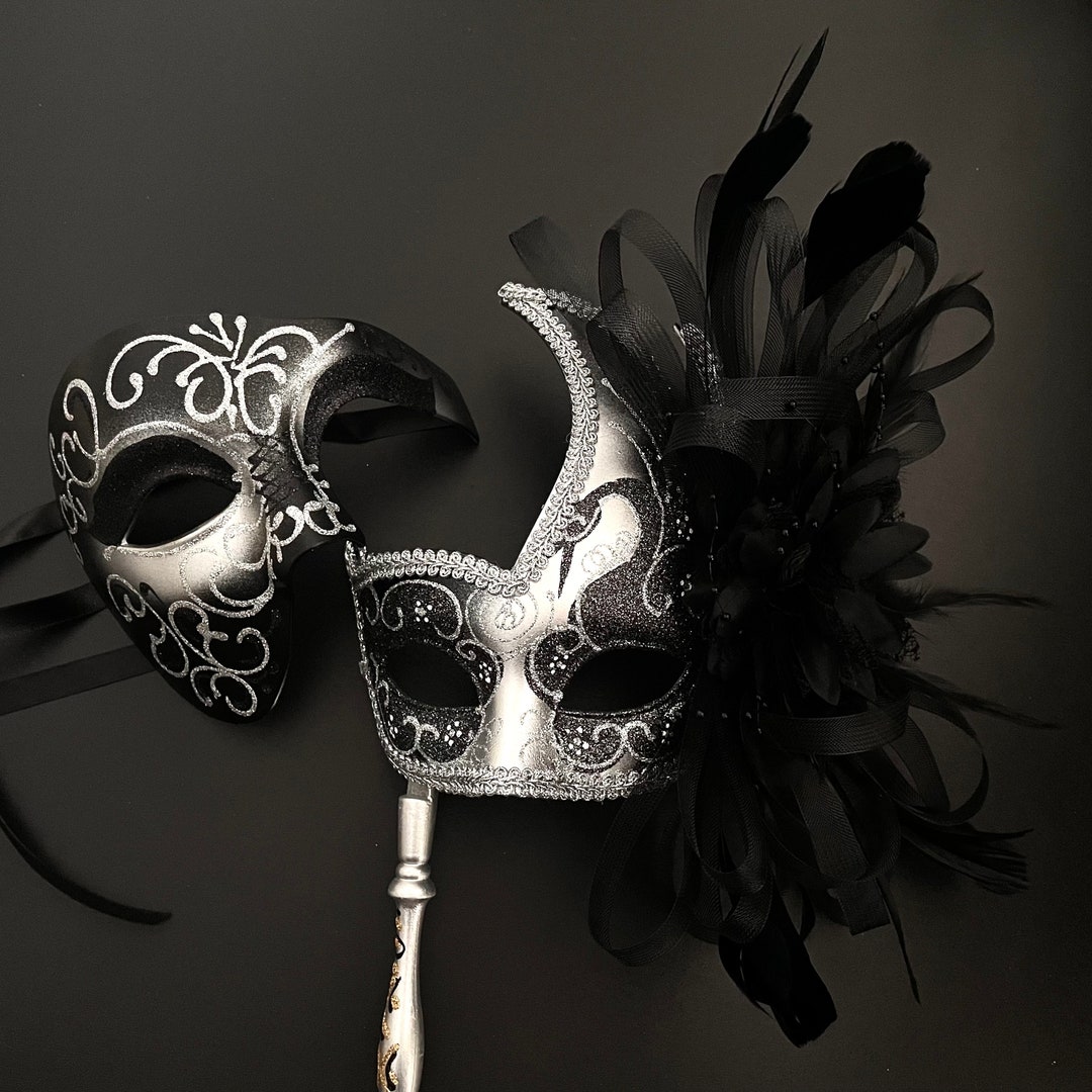 Black Silver Masquerade Mask Women Mask Stick Mask Floral Etsy