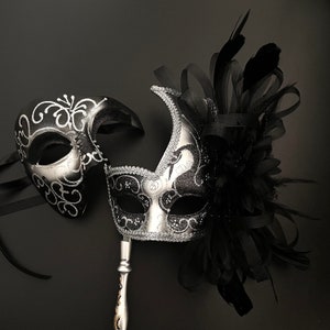 Black Silver Masquerade Mask, Women Mask, Stick Mask, Floral Mask, Mens Mask, Anniversary Mask, Halloween Mask, Ball Mask, Party Mask