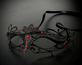 Máscara de mascarada de metal negro: máscara de mujer con diamantes de imitación rojos