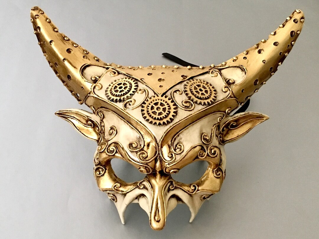 Ivory & Gold Devil Mask: Studded Horns, Halloween Costume - Etsy