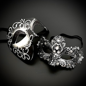 Black Lace Masquerade Mask: Silver Accents, Party Ball, Wedding
