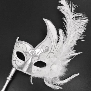 White Silver Masquerade Mask, Masquerade Stick Mask, Women Stick Feather Mask, Ball Party Mask, Women Feather Mask, Wedding Mask, Wome Mask