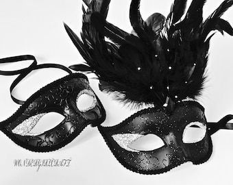 Black Couple Masquerade Masks: Feathered Party Masks