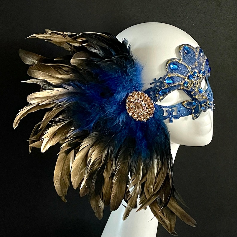 Blue & Gold Feather Masquerade Mask: Wedding Ball Mask - Etsy