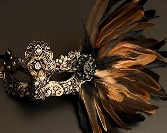 Máscara de mascarada de plumas negras y doradas - Máscara de baile para mujer