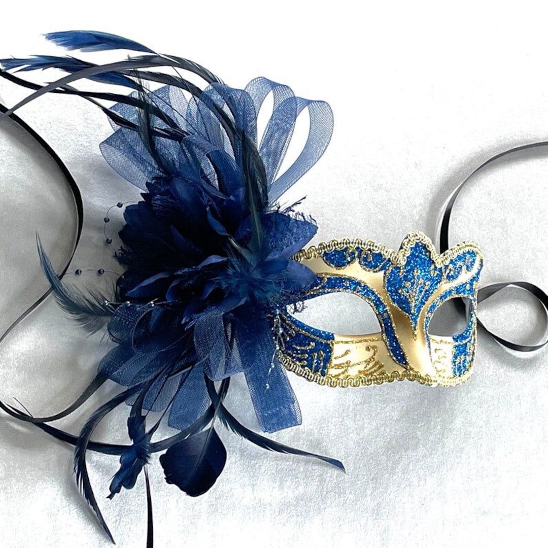 Blue & Gold Masquerade Mask: Floral Feathered Party Mask - Etsy