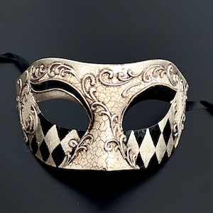 Black & Silver Venetian Masquerade Mask: Checkerboard Party Mask
