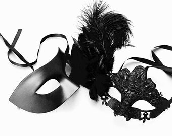 Black Masquerade Mask Set: Venetian Couple Masks for Ball or Halloween