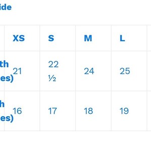 May include: Size guide for a garment with measurements in inches for length and width. The sizes are XS, S, M, L, and XL.