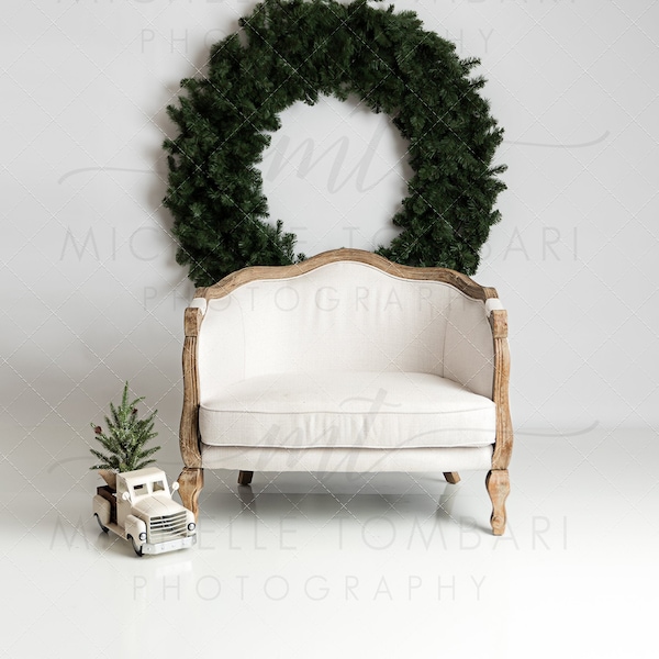 Christmas wreath, Simple White Studio  >> digital backdrop for photography composite >> family couch truck Christmas minimalist holiday card