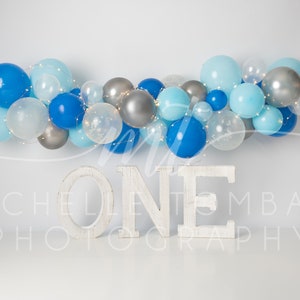 Boys Balloon Garland ONE >> digital backdrop for photography composite >> blue boy birthday, white seamless, twinkle lights, simple set