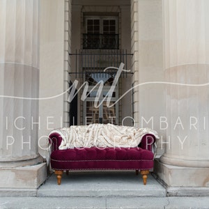 May include: A burgundy velvet tufted sofa with a white faux fur throw blanket, positioned between two large white columns.