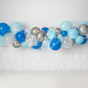 Blue Balloon Garland &gt;&gt; digital backdrop for photography composite &gt;&gt; blue boy birthday, white seamless, twinkle lights, minimalist