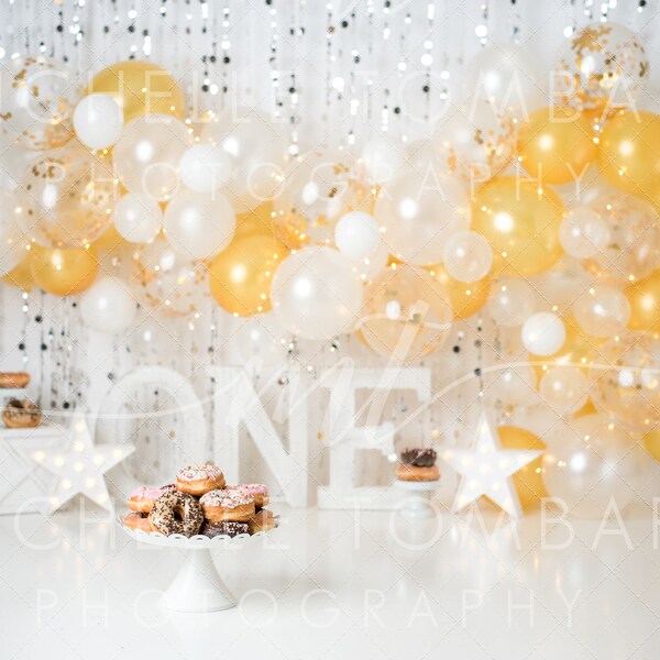 Gold Balloon & Donut Smash set >> digital backdrop for photography composite >> First Birthday cake smash, monochrome balloon wall