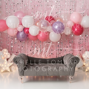 Unicorn Rainbow First Birthday &gt;&gt; digital backdrop for photography composite &gt;&gt; cake smash, pink glitter clouds balloon garland