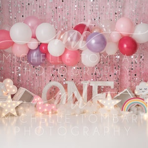 Unicorn Rainbow First Birthday &gt;&gt; digital backdrop for photography composite &gt;&gt; cake smash, pink glitter clouds balloon garland