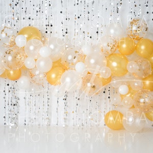 Gold Balloon Garland &gt;&gt; digital backdrop for photography composite &gt;&gt; First Birthday cake smash, monochrome balloon wall