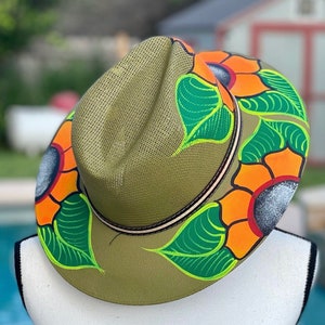 Olive Green Artisanal Hand Painted Mexican Hat, Cowgirl Hat, Hand Crafted Hat, Flower Summer Hat