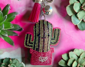 Pink & Green Plush Rhinestones Cactus Keychain/Cactus Keychain With Tassel/Gift For Her/Gift For All/Cactus Keychains