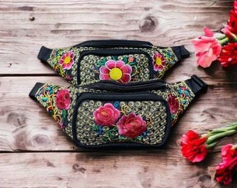 Floral Embroidered 2 Pocket Fanny Pack/Handmade Fanny Pack/Travel Bag/Gifts For All/Floral Fanny Pack