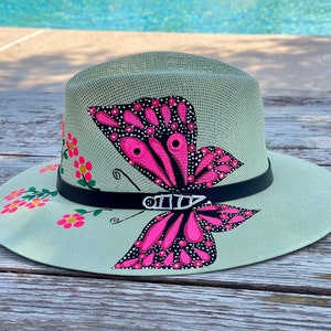 Olive W/Pink Butterflies/Hand Painted Beach Hat/Sun Hat/Hand Crafted Hat/Flower Summer Hat/Sun Protection Hat/Gifts For All