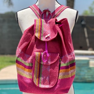 Coral Pink Artisanal Woven Backpack Bag, Boho Handmade Bag, Mexican Crossbody Bag