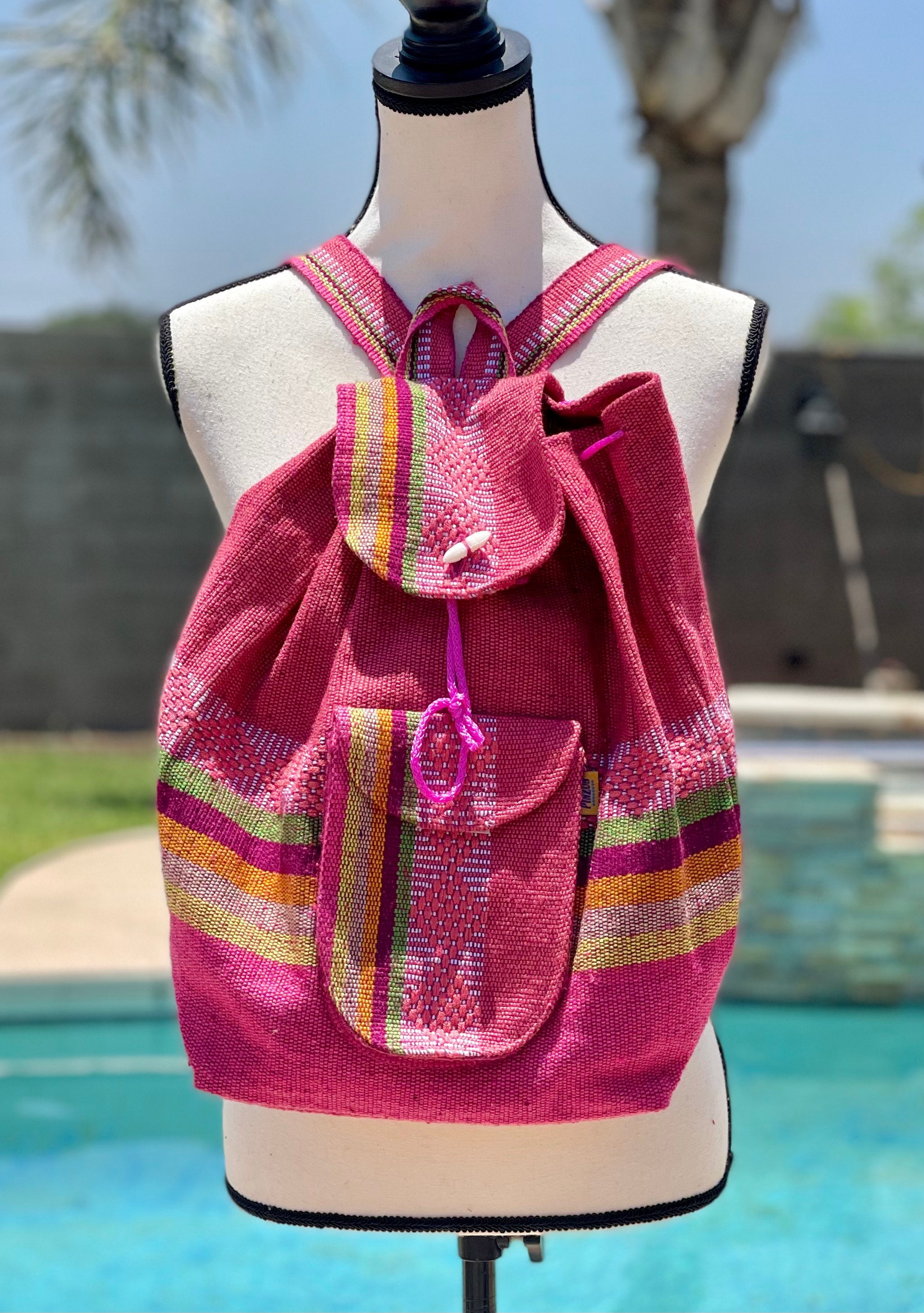 Woven Coral Backpack Coral Pink Artisanal Woven Backpack Bag, Boho Handmade Bag  main image 4