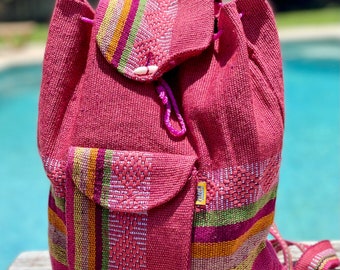 Coral Pink Artisanal Woven Backpack Bag, Boho Handmade Bag 