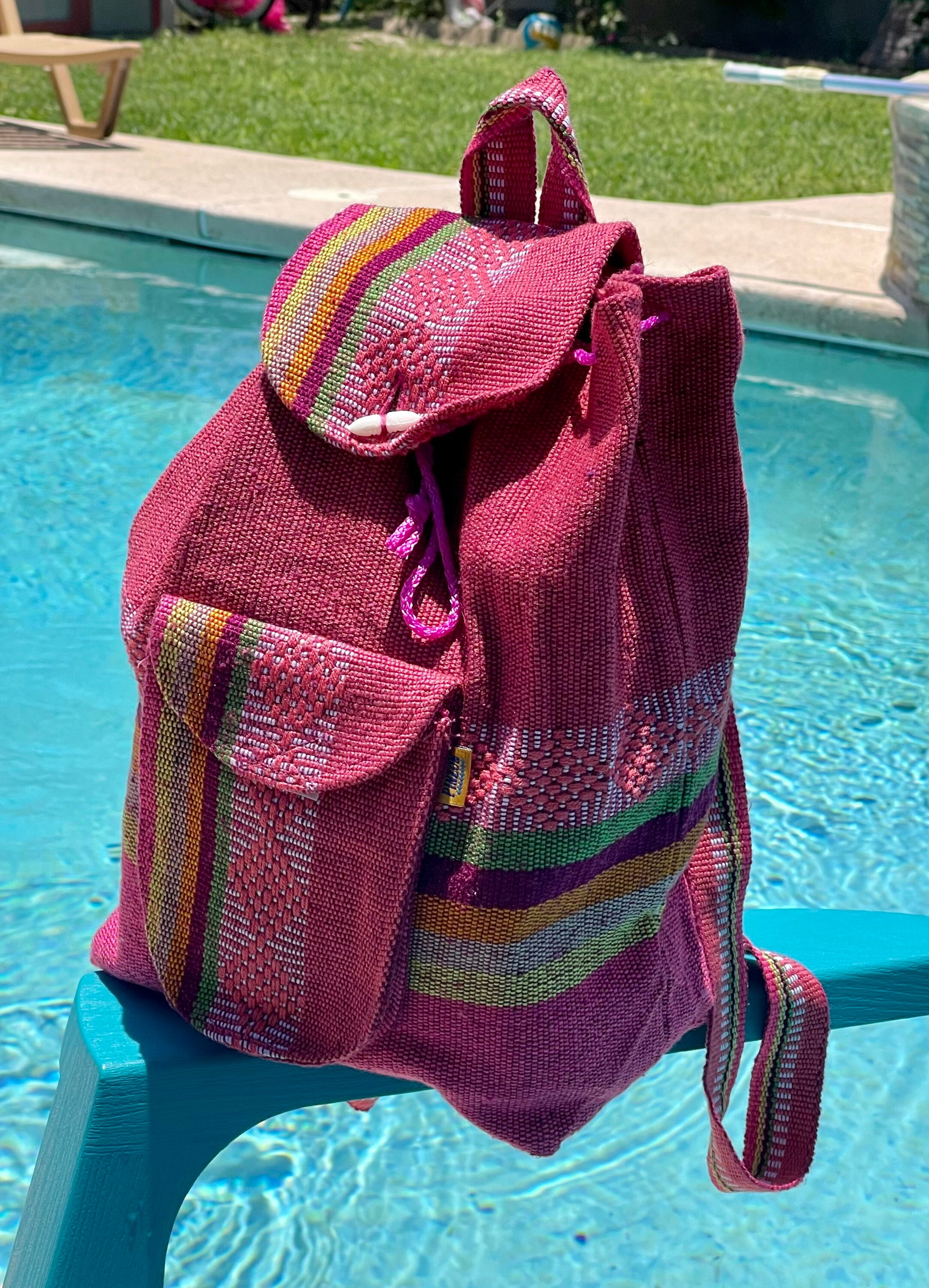 Woven Coral Backpack Coral Pink Artisanal Woven Backpack Bag, Boho Handmade Bag  main image 2