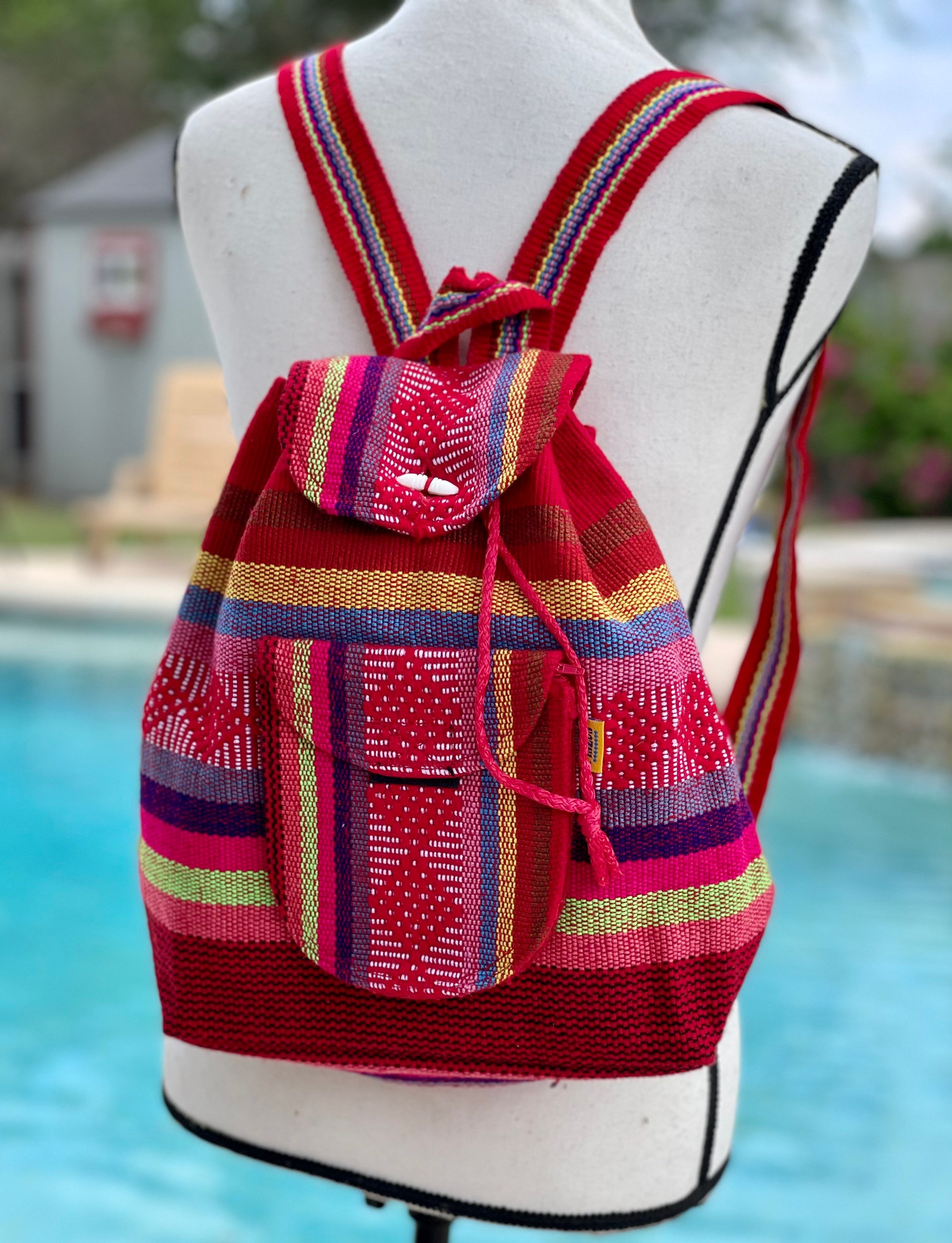 Red Artisanal Woven Backpack Bag, Boho Handmade Bag, Mexican  display picture 1