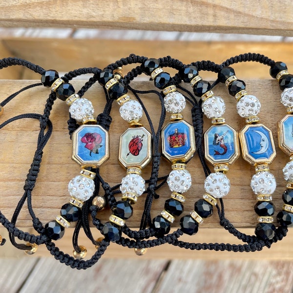 La Lotería Friendship Bracelet/Glass Beaded Loteria Bracelet/Black Braided Bracelet/Gifts For Him/Gifts For Her/Gifts For All