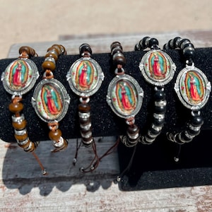 Our Lady of Guadalupe Silver Toned Bracelet, Virgen De Guadalupe Wood Beaded Braided Bracelet