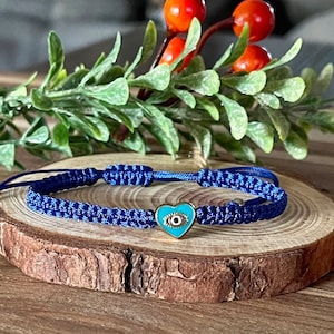 Heart Evil Eye Bracelet, Teal Evil Eye Heart, Blue Braided Bracelet, Adjustable Evil Eye Bracelet