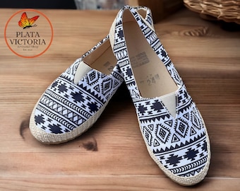 Aztec Pattern Flats Adult Sizes, Black/White Slip Ons, Comfortable Flats