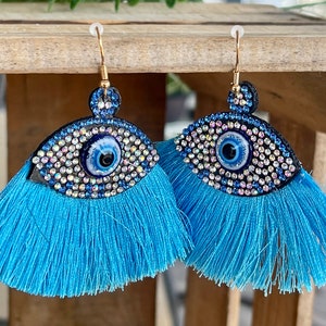 Evil Eye Tassel Earrings/Drop Dangle Evil Eye Rhinestone Earrings/Evil Eye Protection/Dangle Even Earrings/Gifts For Her