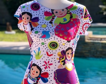 Juniors Muñeca Maria Arte Mexicano Estampado Algodón Elástico Tee Med